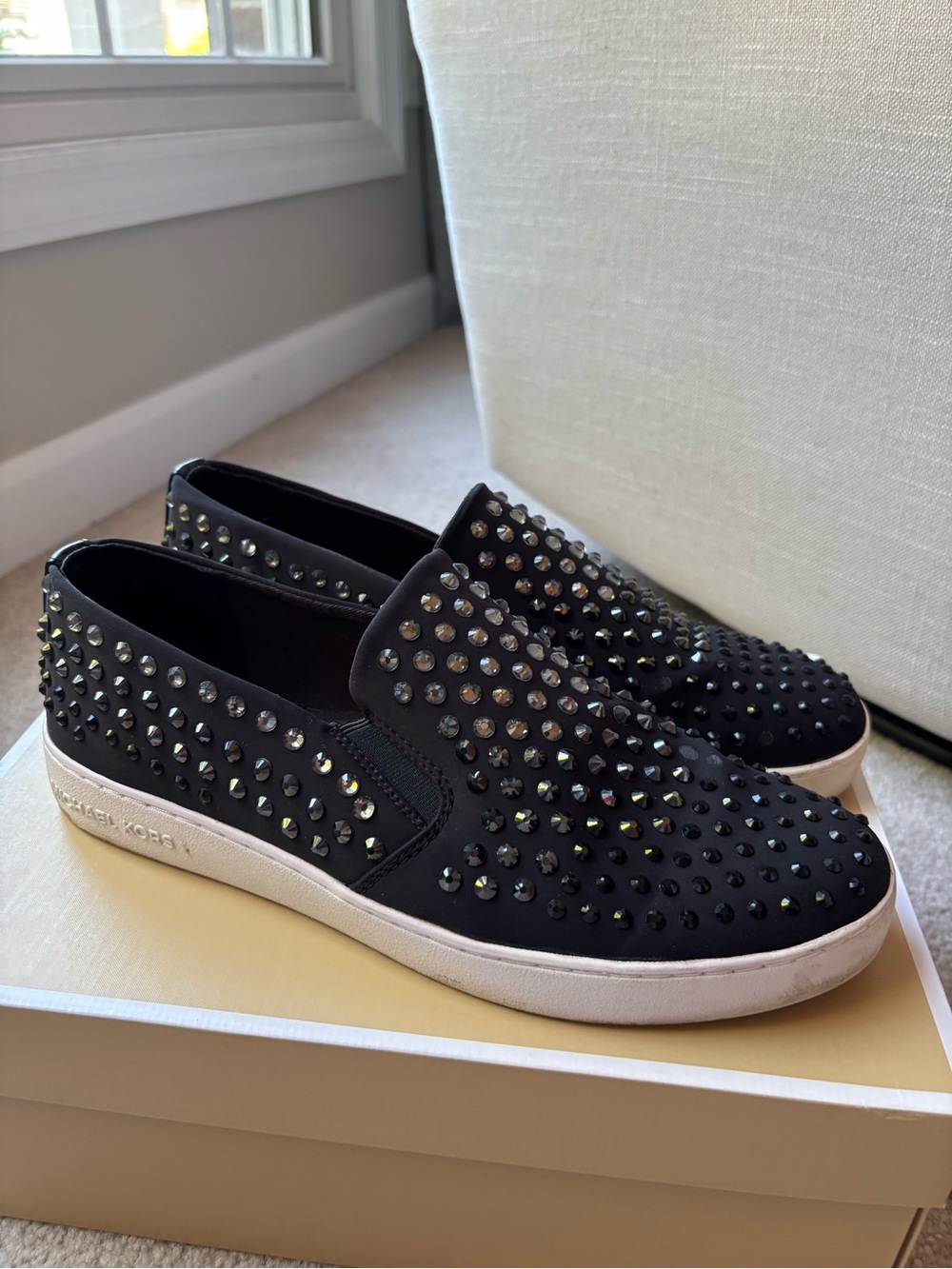 Michael Kors Black Slip-On Loafers with Crystal Stud Accents